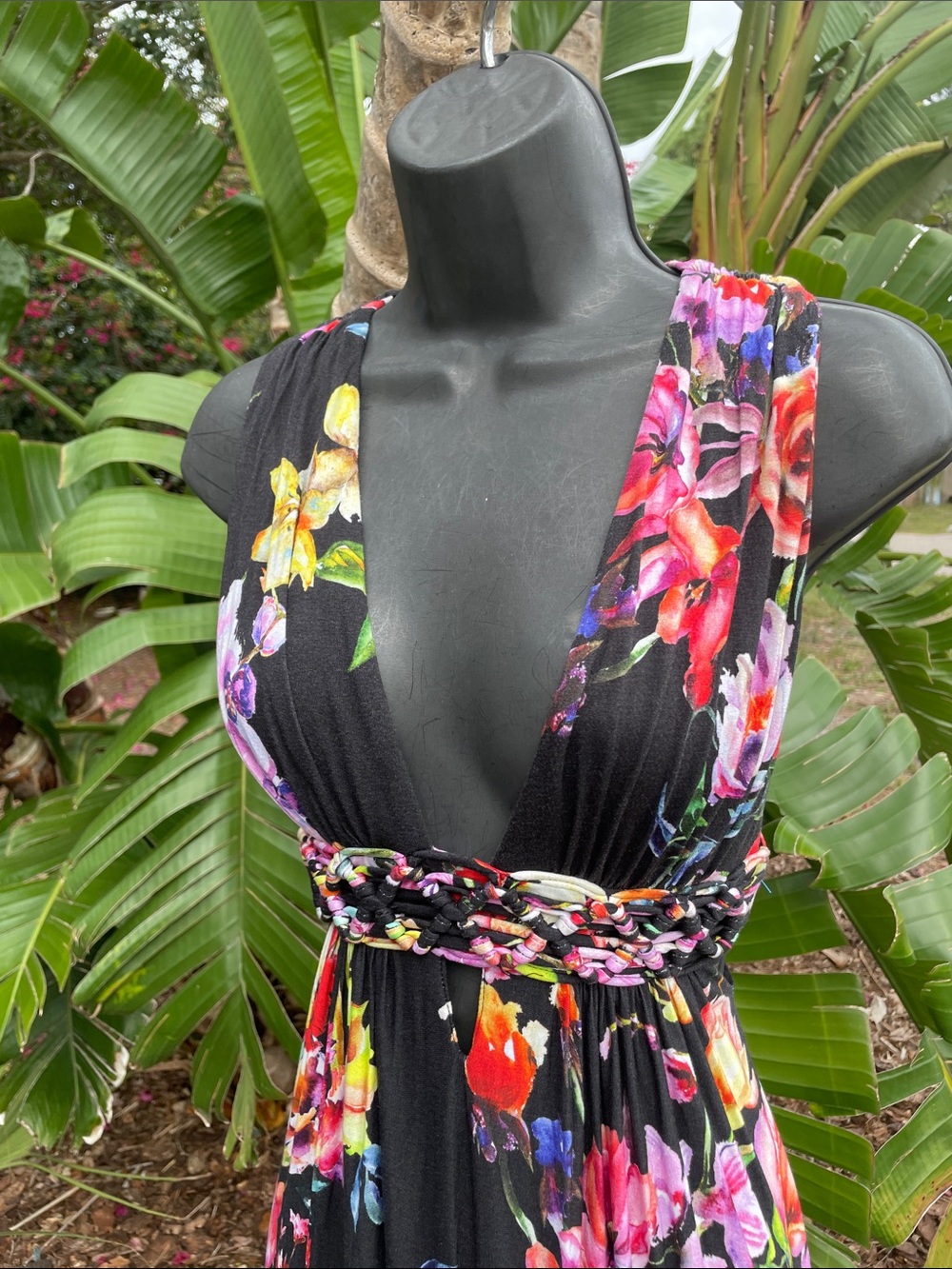 Sky, dark floral, deep cut, cut out maxi dress
